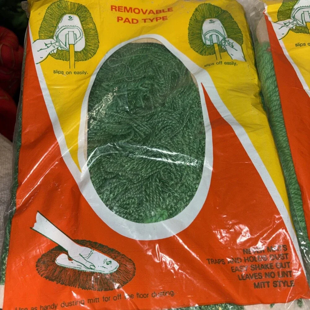 2 Pack Vintage Green Yarn Dust Mop Pad Refills - New Old Stock Sealed